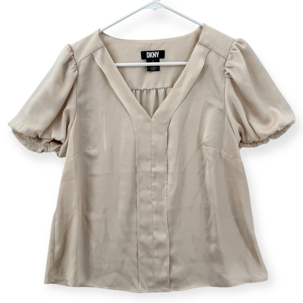 DKNY Blouse Womens Petite‎ Large Beige Puff Sleeve V-Neck Short Sleeve Top